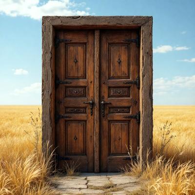 The primary subject of the image is a wooden door with a rustic appearance. The door is situated in a field with tall grass, giving the scene a natural and serene atmosphere. The visual style of the image is a combination of photo and digital art, creating a realistic yet artistic representation of the door. The colors in the image are predominantly earthy tones, such as brown and green, which contribute to the overall mood of the scene.